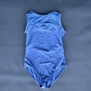 Mirella Girls Blue Leotard Size 8-10 Cutout Back Sheer Paisley Rhinestones